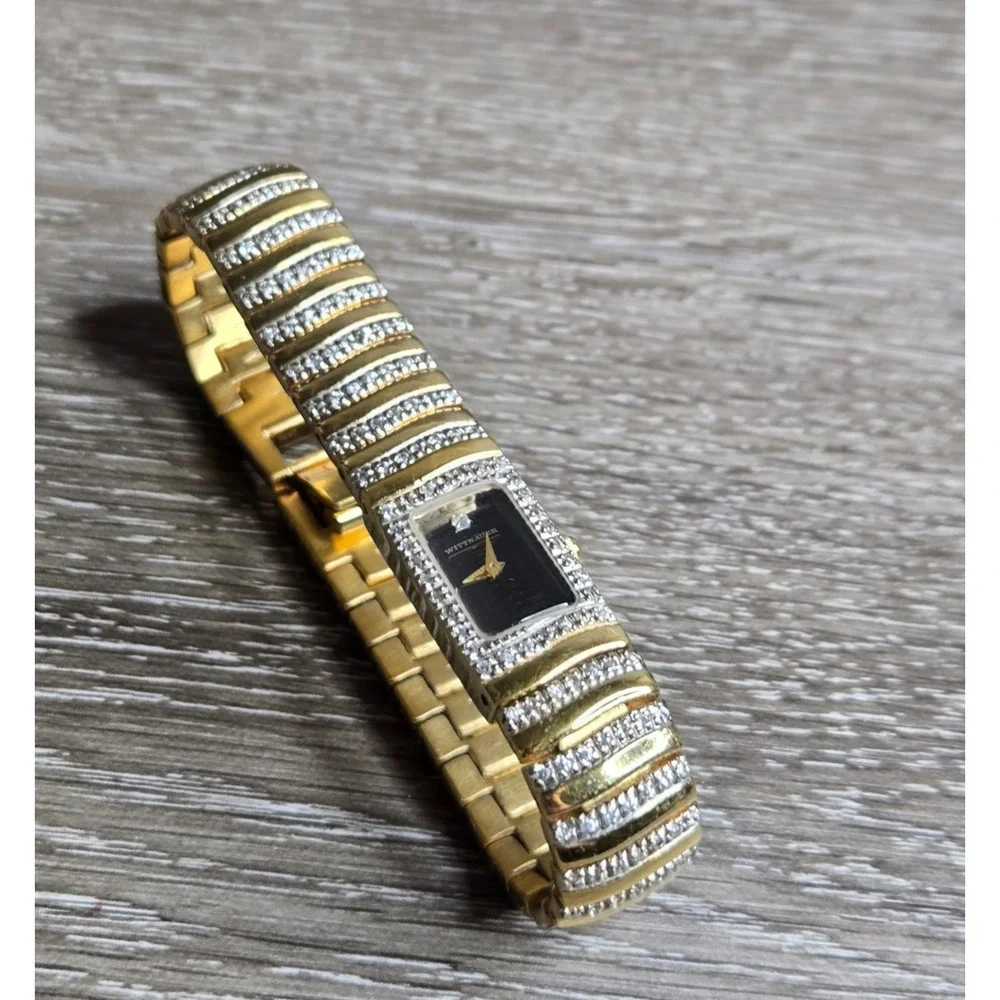 Wittnauer Womens Gold Tone Rectangle Watch Crystal Accent Bracelet Vintage Swiss
